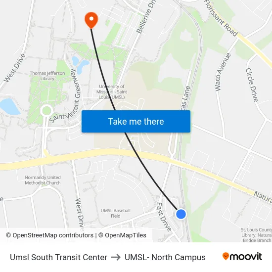 Umsl South Transit Center to UMSL- North Campus map