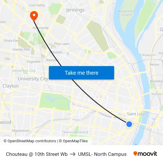 Chouteau @ 10th Street Wb to UMSL- North Campus map