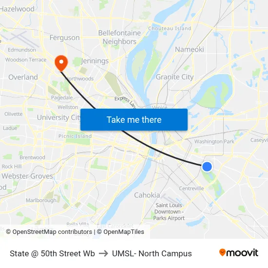 State @ 50th Street Wb to UMSL- North Campus map