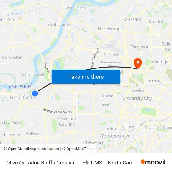 Olive @ Ladue Bluffs Crossing Wb to UMSL- North Campus map