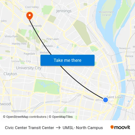 Civic Center Transit Center to UMSL- North Campus map