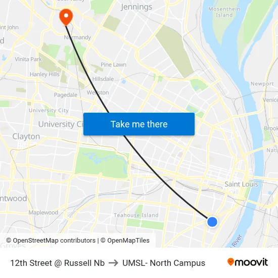 12th Street @ Russell Nb to UMSL- North Campus map