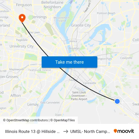 Illinois Route 13 @ Hillside Eb to UMSL- North Campus map