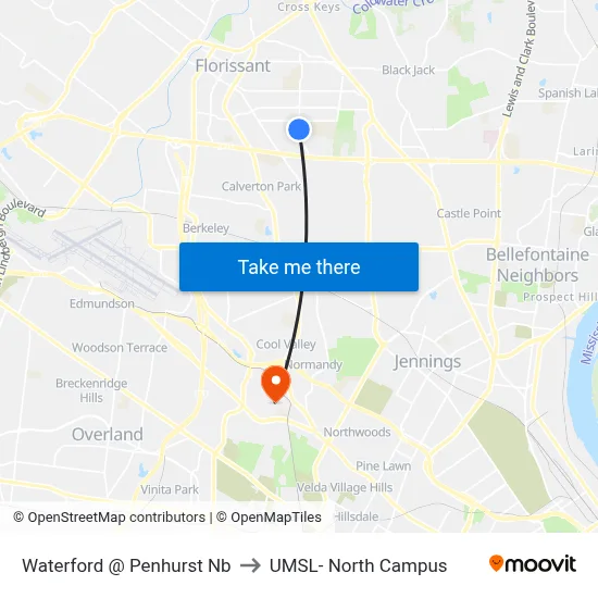 Waterford @ Penhurst Nb to UMSL- North Campus map