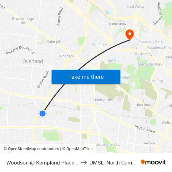 Woodson @ Kempland Place Nb to UMSL- North Campus map