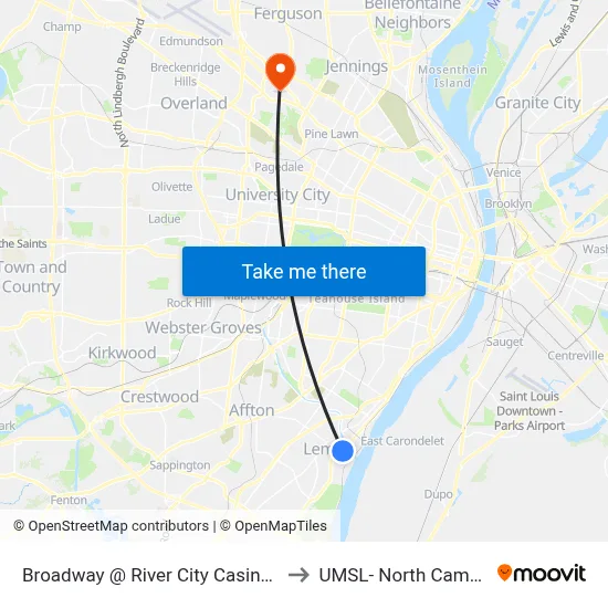 Broadway @ River City Casino Sb to UMSL- North Campus map