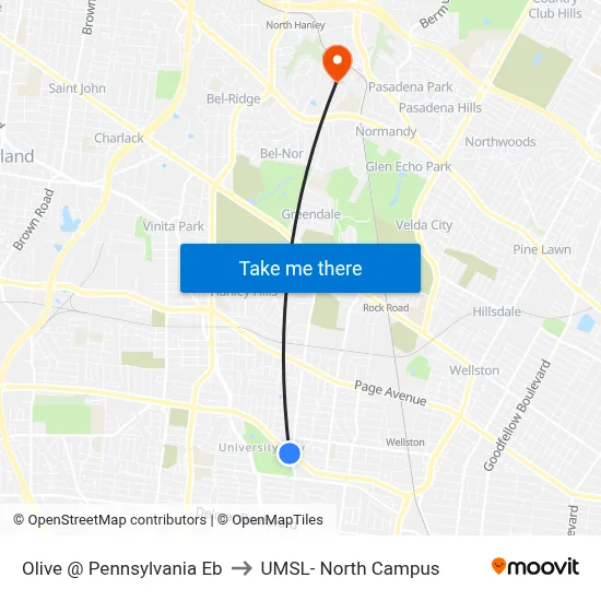 Olive @ Pennsylvania Eb to UMSL- North Campus map