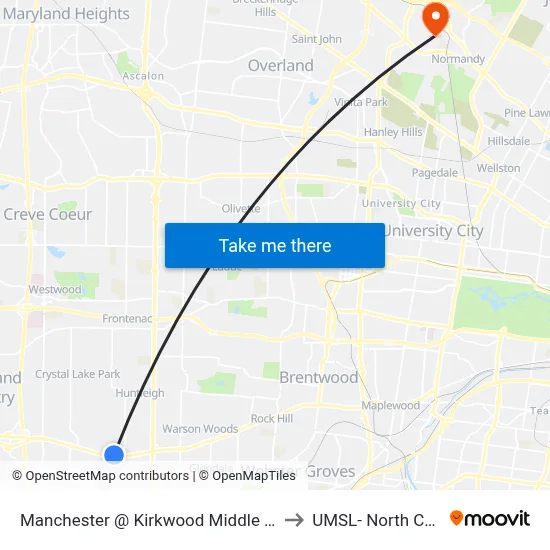 Manchester @ Kirkwood Middle School Wb to UMSL- North Campus map