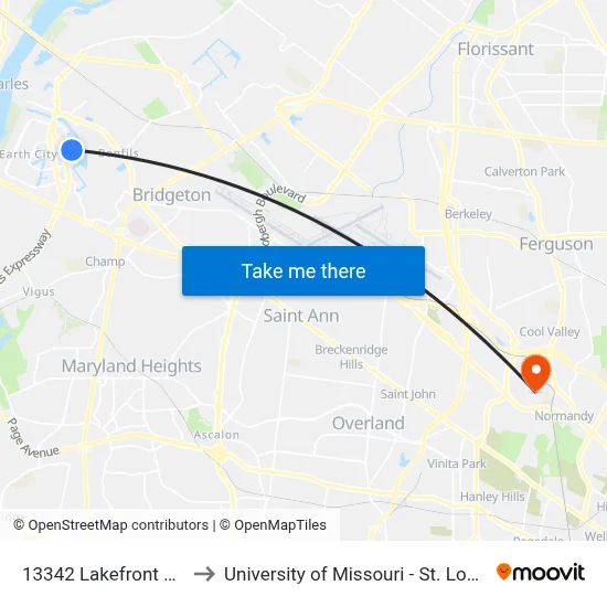 13342 Lakefront Nb to University of Missouri - St. Louis map