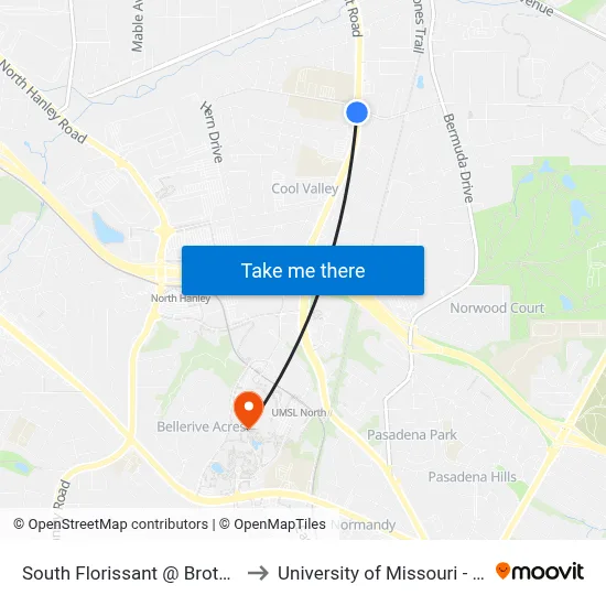 South Florissant @ Brotherton Sb to University of Missouri - St. Louis map