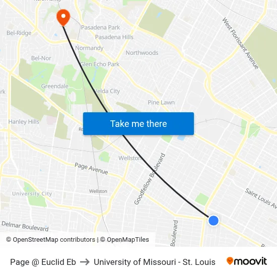 Page @ Euclid Eb to University of Missouri - St. Louis map