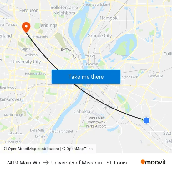 7419 Main Wb to University of Missouri - St. Louis map
