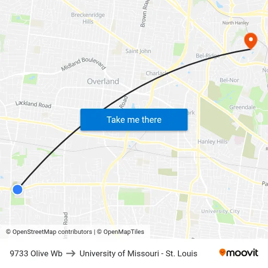 9733 Olive Wb to University of Missouri - St. Louis map