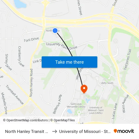 North Hanley Transit Center to University of Missouri - St. Louis map