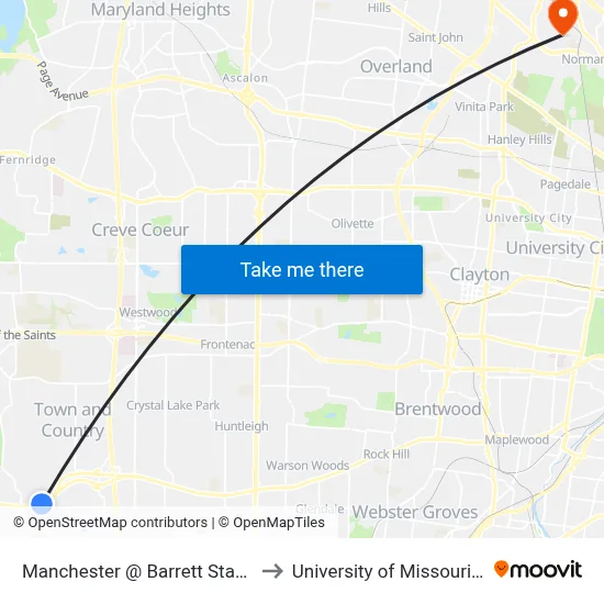 Manchester @ Barrett Station Road Eb to University of Missouri - St. Louis map