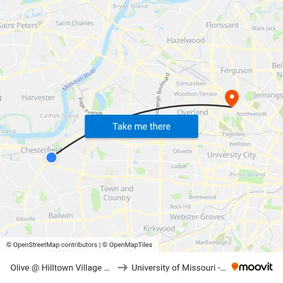 Olive @ Hilltown Village Center Wb to University of Missouri - St. Louis map