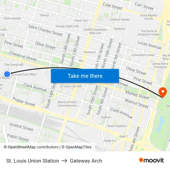 St. Louis Union Station to Gateway Arch map