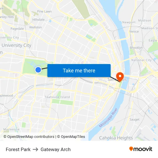 Forest Park to Gateway Arch map