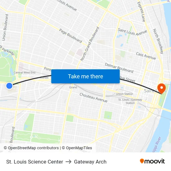 St. Louis Science Center to Gateway Arch map
