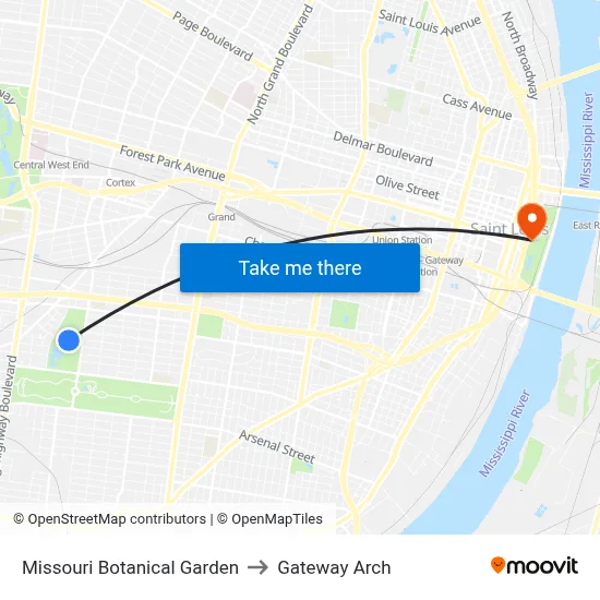 Missouri Botanical Garden to Gateway Arch map