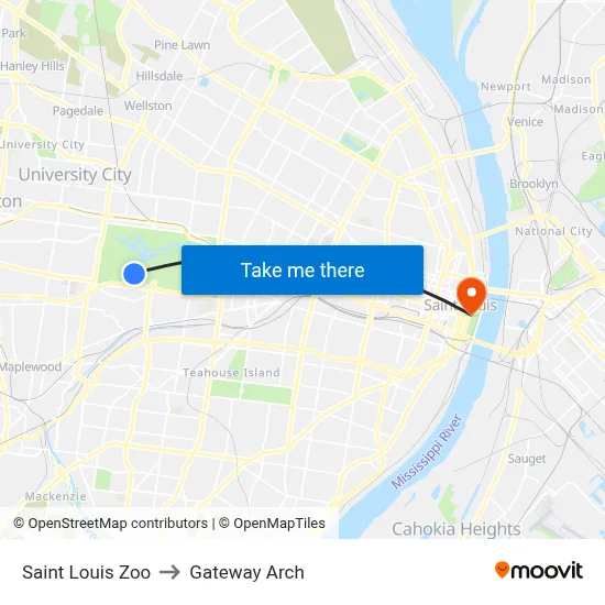 Saint Louis Zoo to Gateway Arch map