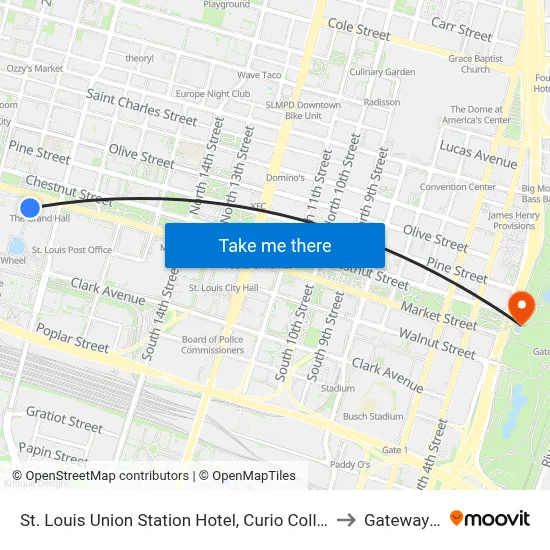 St. Louis Union Station Hotel, Curio Collection by Hilton to Gateway Arch map
