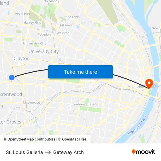 St. Louis Galleria to Gateway Arch map