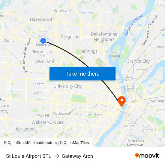 St Louis Airport STL to Gateway Arch map