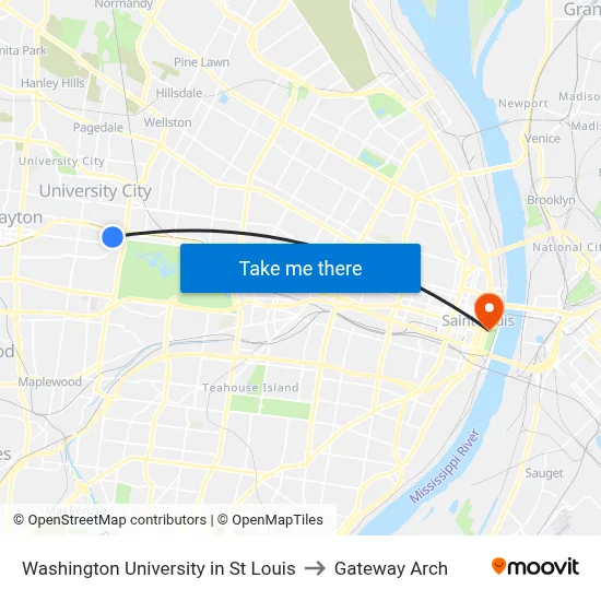 Washington University in St Louis to Gateway Arch map