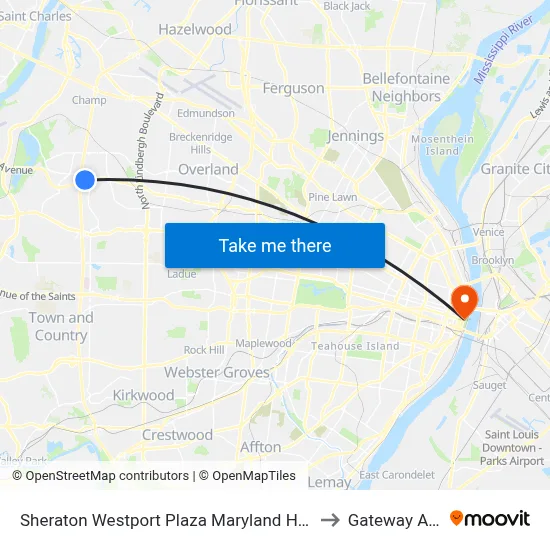 Sheraton Westport Plaza Maryland Heights to Gateway Arch map