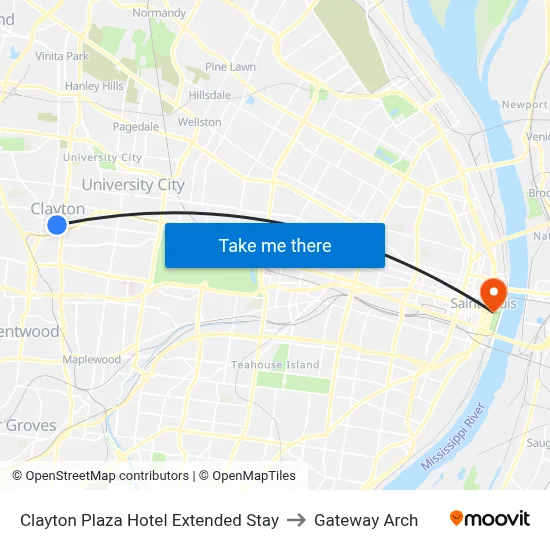 Clayton Plaza Hotel Extended Stay to Gateway Arch map