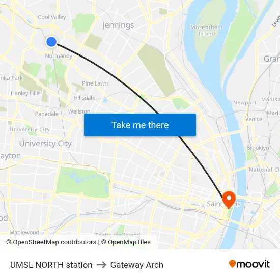 UMSL NORTH station to Gateway Arch map