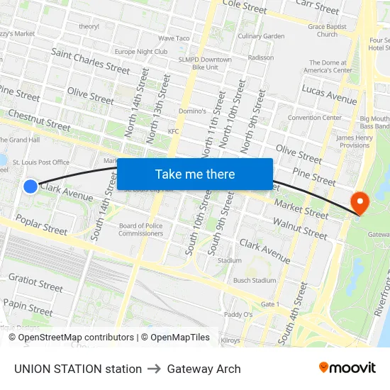 UNION STATION station to Gateway Arch map
