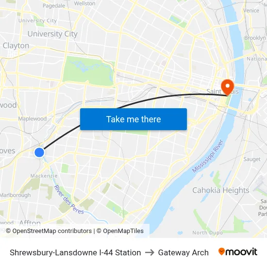 Shrewsbury-Lansdowne I-44 Station to Gateway Arch map