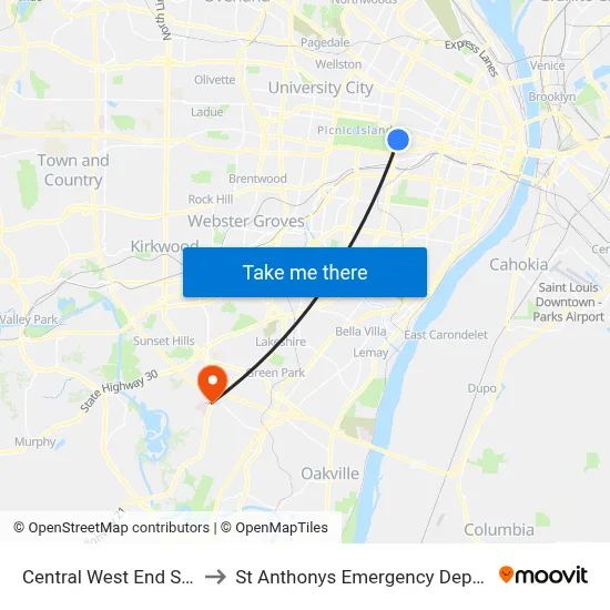 Central West End Station to St Anthonys Emergency Department map