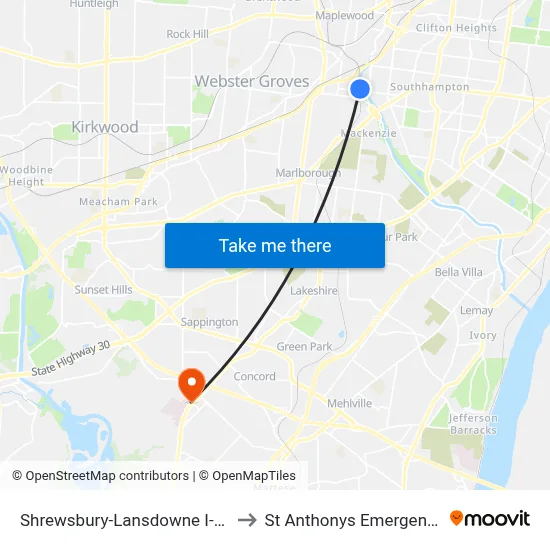 Shrewsbury-Lansdowne I-44 Transit Center to St Anthonys Emergency Department map