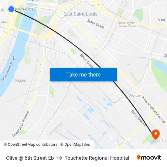 Olive @ 6th Street Eb to Touchette Regional Hospital map