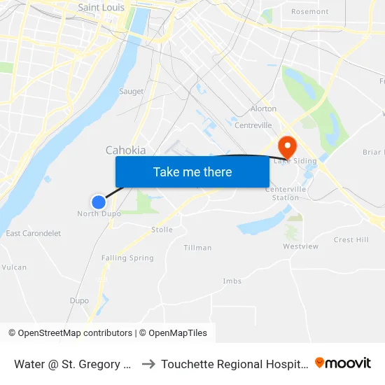 Water @ St. Gregory Sb to Touchette Regional Hospital map