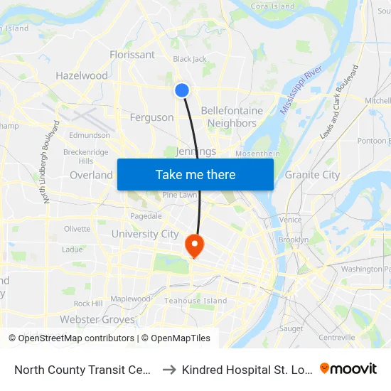 North County Transit Center to Kindred Hospital St. Louis map