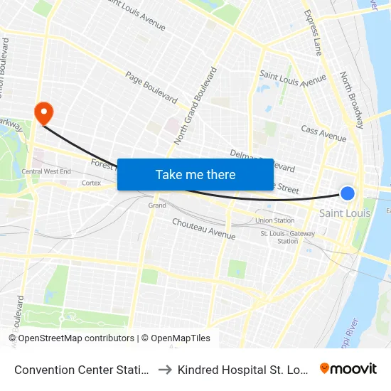 Convention Center Station to Kindred Hospital St. Louis map