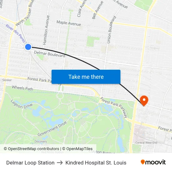 Delmar Loop Station to Kindred Hospital St. Louis map
