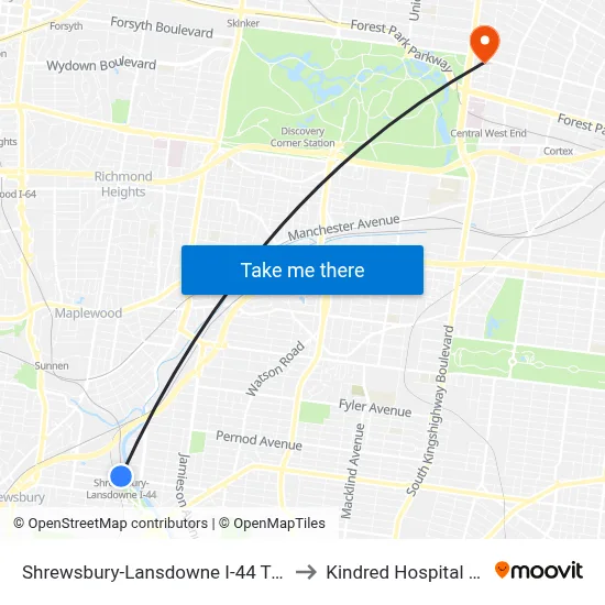 Shrewsbury-Lansdowne I-44 Transit Center to Kindred Hospital St. Louis map
