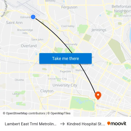 Lambert East Trml Metrolink Station to Kindred Hospital St. Louis map