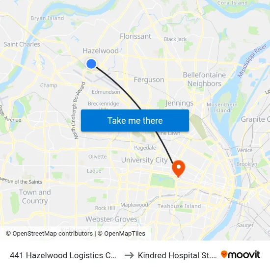 441 Hazelwood Logistics Center Wb to Kindred Hospital St. Louis map