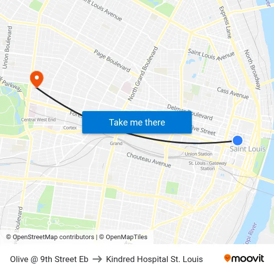 Olive @ 9th Street Eb to Kindred Hospital St. Louis map