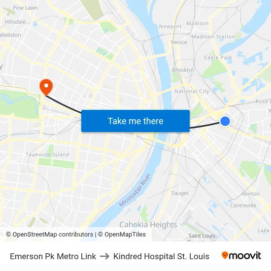 Emerson Pk Metro Link to Kindred Hospital St. Louis map