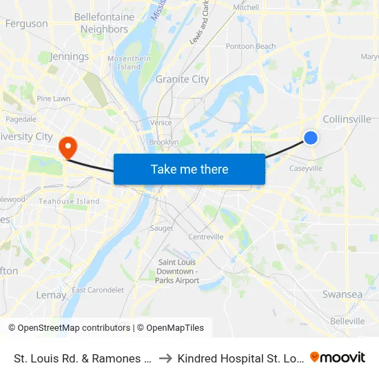 St. Louis Rd. & Ramones SW to Kindred Hospital St. Louis map