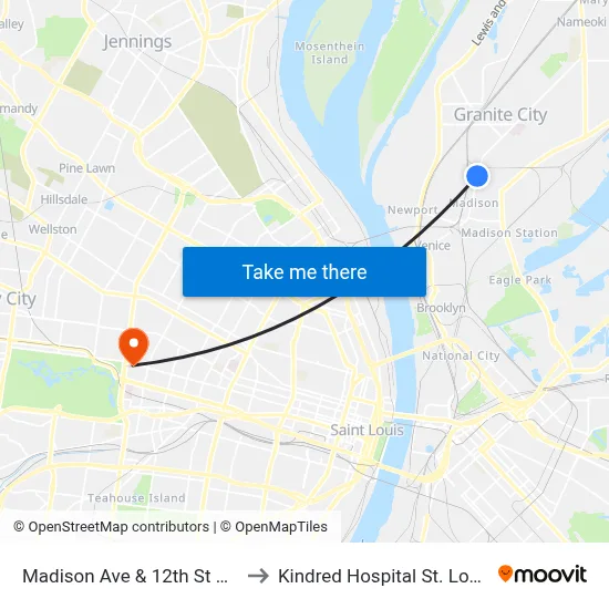 Madison Ave & 12th St SW to Kindred Hospital St. Louis map