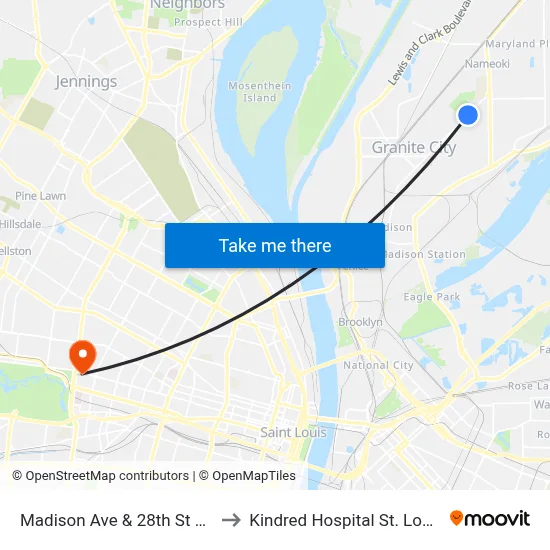Madison Ave & 28th St NE to Kindred Hospital St. Louis map
