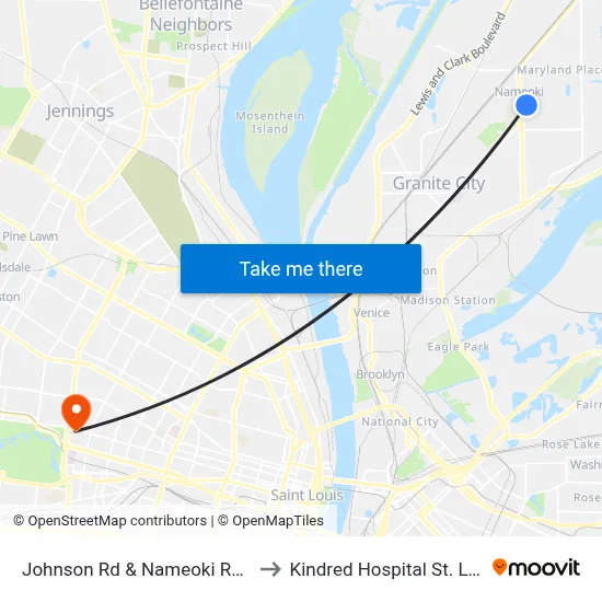 Johnson Rd & Nameoki Rd SW to Kindred Hospital St. Louis map